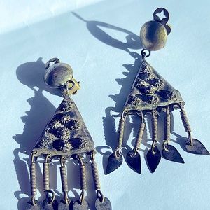 Vtg earrings ethnic mystical Dangly W/*on back/cut out*/cross on clip filagree